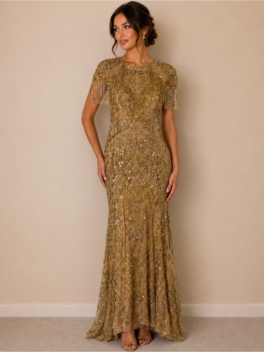 NWT Mac Duggal Gold 4715 Embellished Fringe Cap Sleeve Trumpet Gown 6